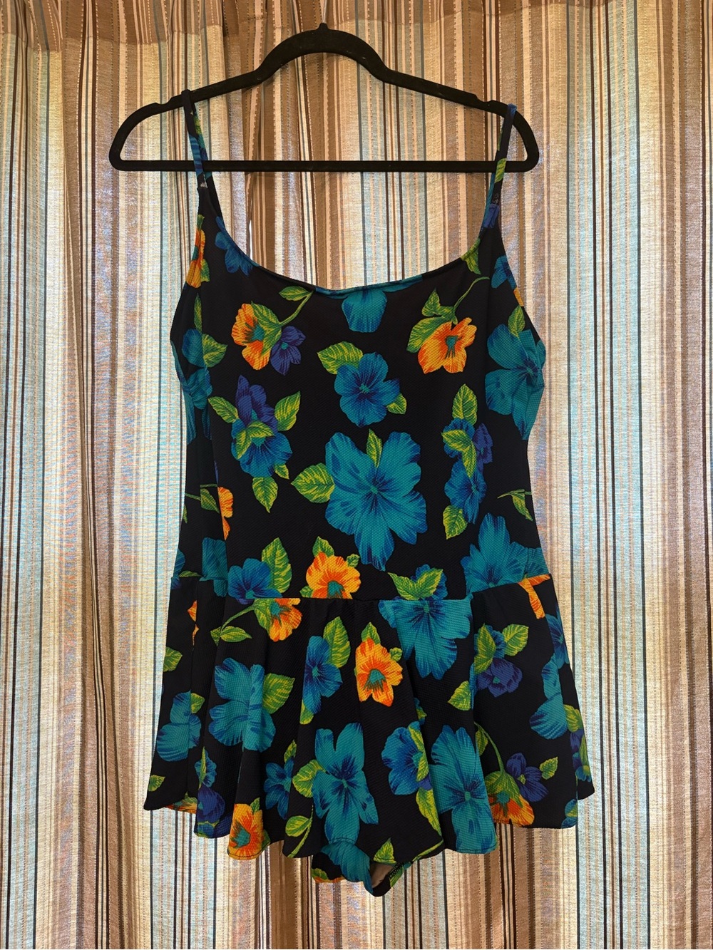 Black Floral Swim Tankini with Blue & Orange Flowers